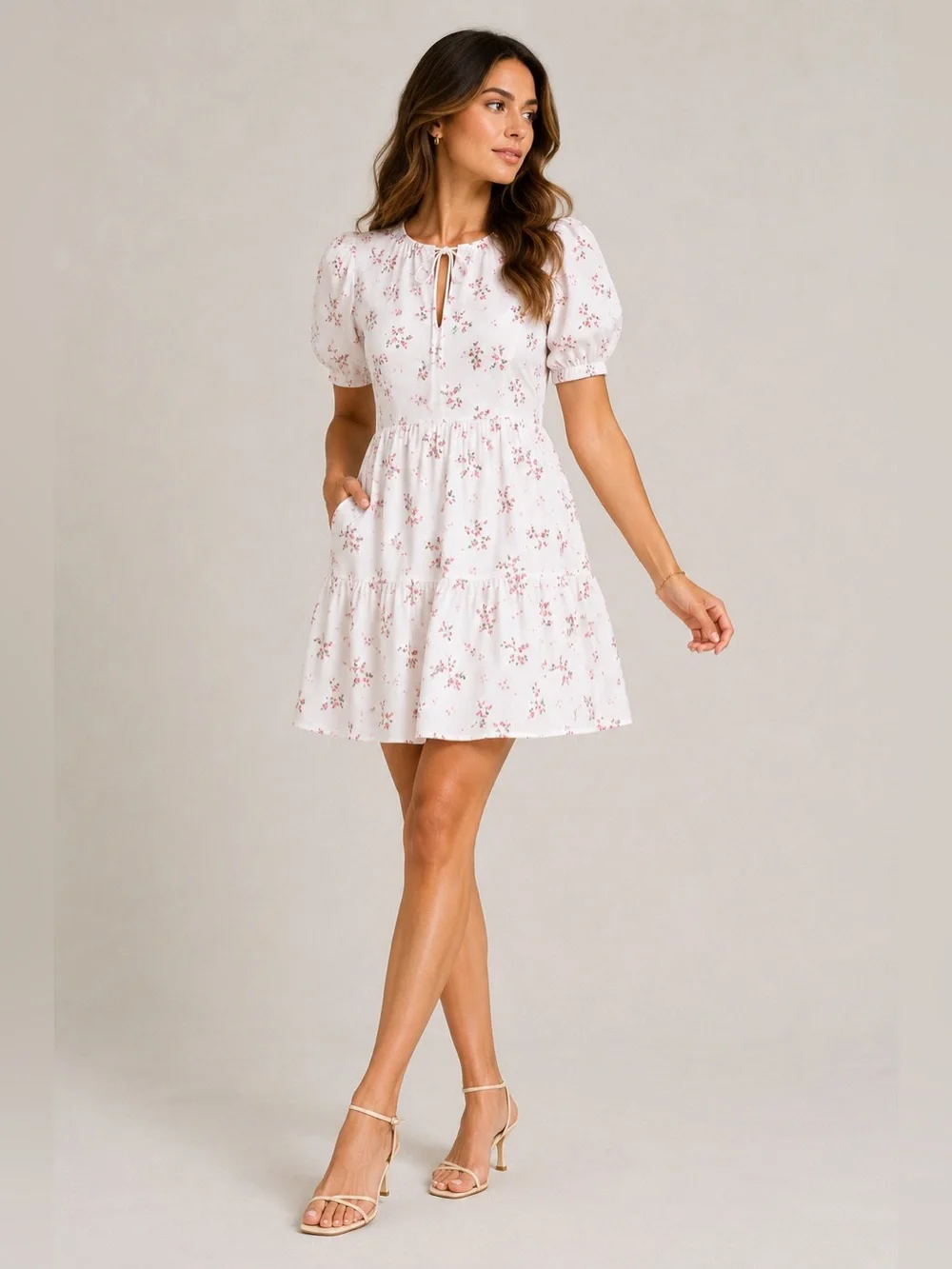 NEW CeCe Women's Printed Cotton Eyelet Puff-Sleeve A-Line Dress Size L - Picture 2 of 8